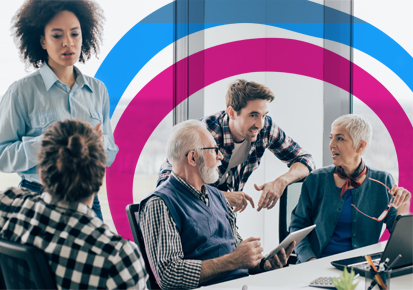 Five age diverse employees having a discussion Five age diverse employees having a discussion