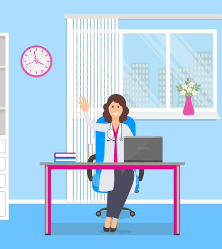 Friendly female doctor welcomes in patients