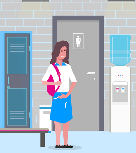 Young woman in school struggling with period poverty