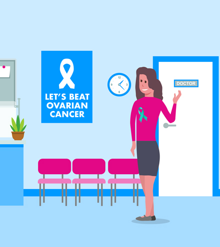 Woman inviting you in to talk about ovarian cancer