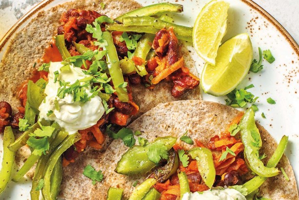 Veggie tostadas with roasted peppers and zesty crema