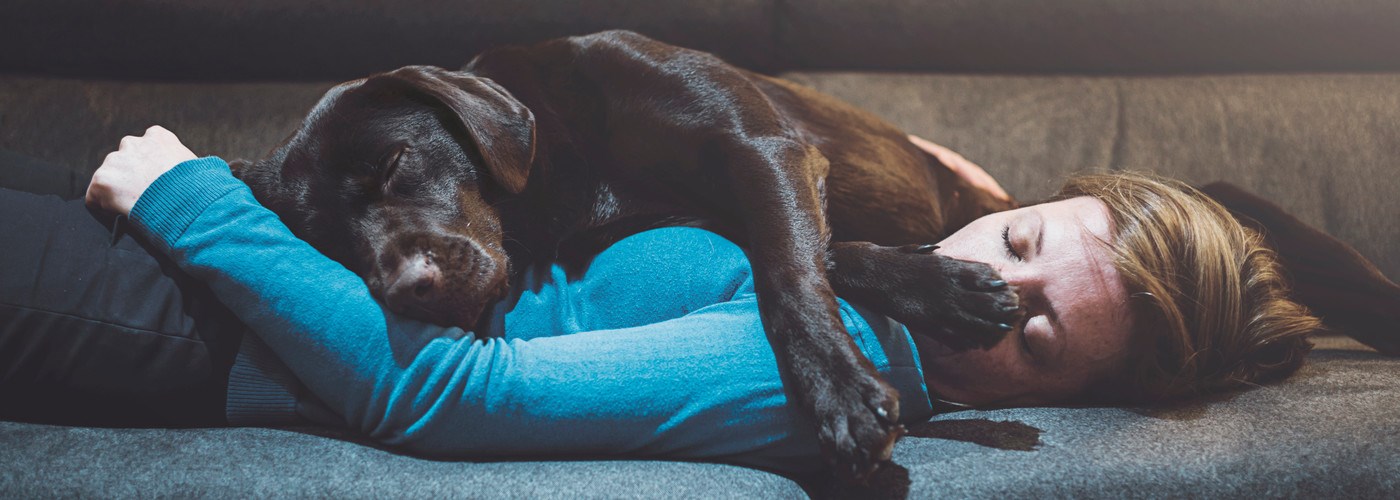 Young woman lying on the sofa napping, with her labrador laying on top of her 